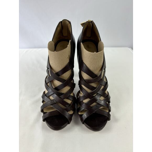 LAMB L.A.M.B Platform Heels Brown Leather 8.5 M Strappy Open Toe Zip - Picture 2 of 10